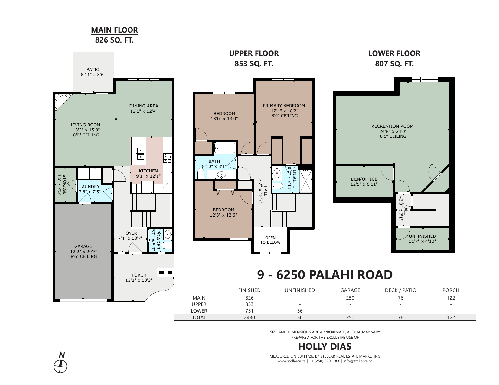 Main, upper and lower floor plans for 9 - 6250 Palahi Road, Duncan BC